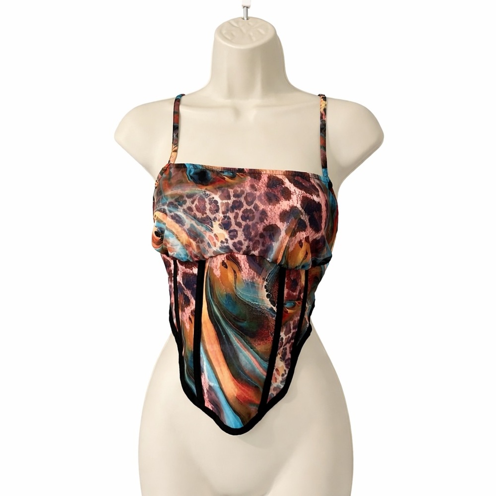 PrettyLittleThing Corset Crop Top Animal Print Multicolor Zip Back Size 4 Casual